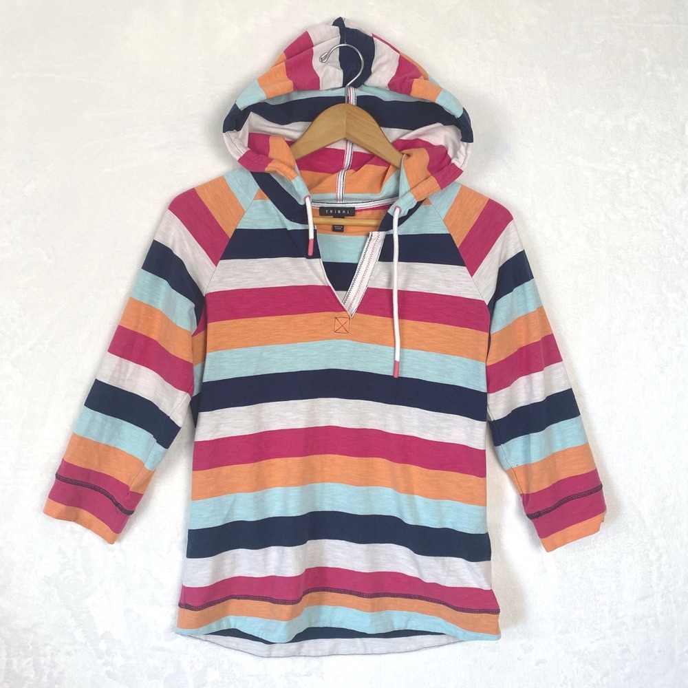 Tribal Women's Rugby Striped Hoodie Sweatshirt Pullover P/S V-Neck Lightweight